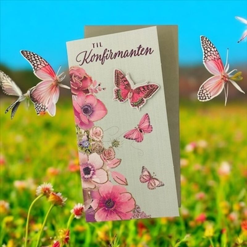 Konfirmasjonskort dobbelt med konvolutt, Stort, Blomster og sommerfugler med pålimte effekter