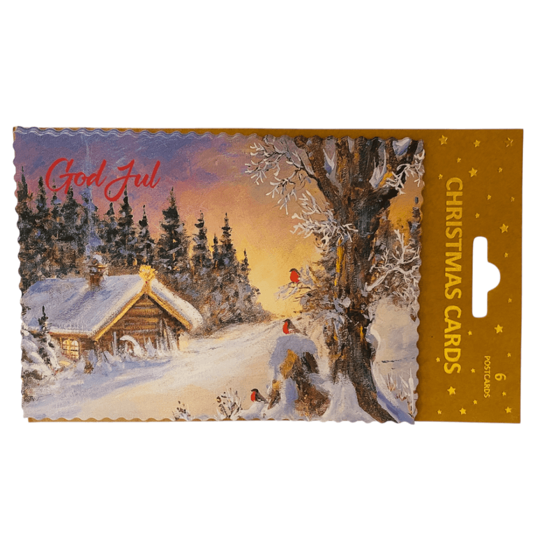 Julekort enkle 6pk hytte og dompaper i vinteromgivelser 
