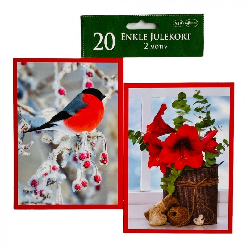 Julekort enkle med konvolutt 20 pk. Dompapp/Blomster