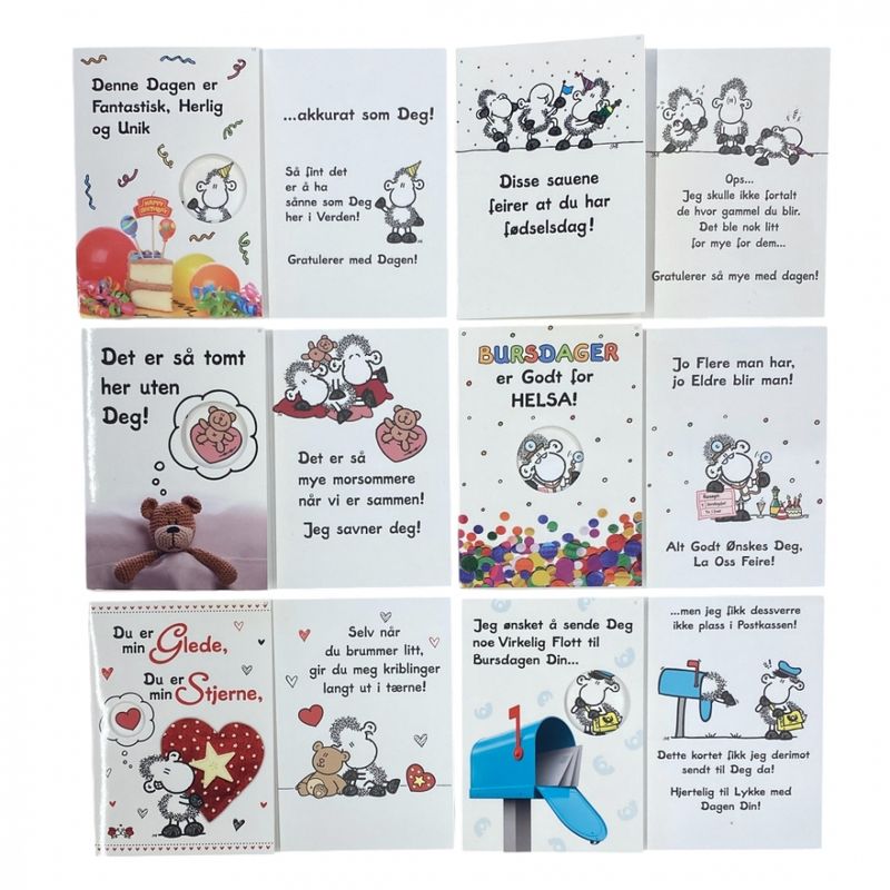 Humorkort doble med konvolutt 12 pk. Beste pris kr. 36,- v/96 stk